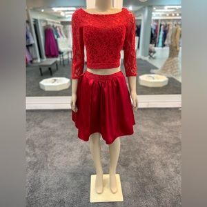 size 14. color red. 2 piece. lace long sleeve top. satin bottom